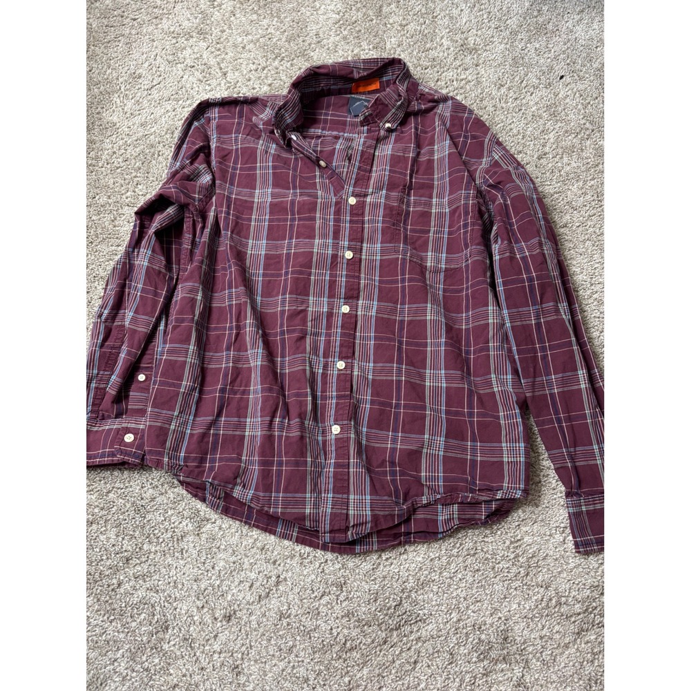 St. Johns Bay Mens Large Burgundy Plaid Button Down Shirt Comfort Stretch Cotton